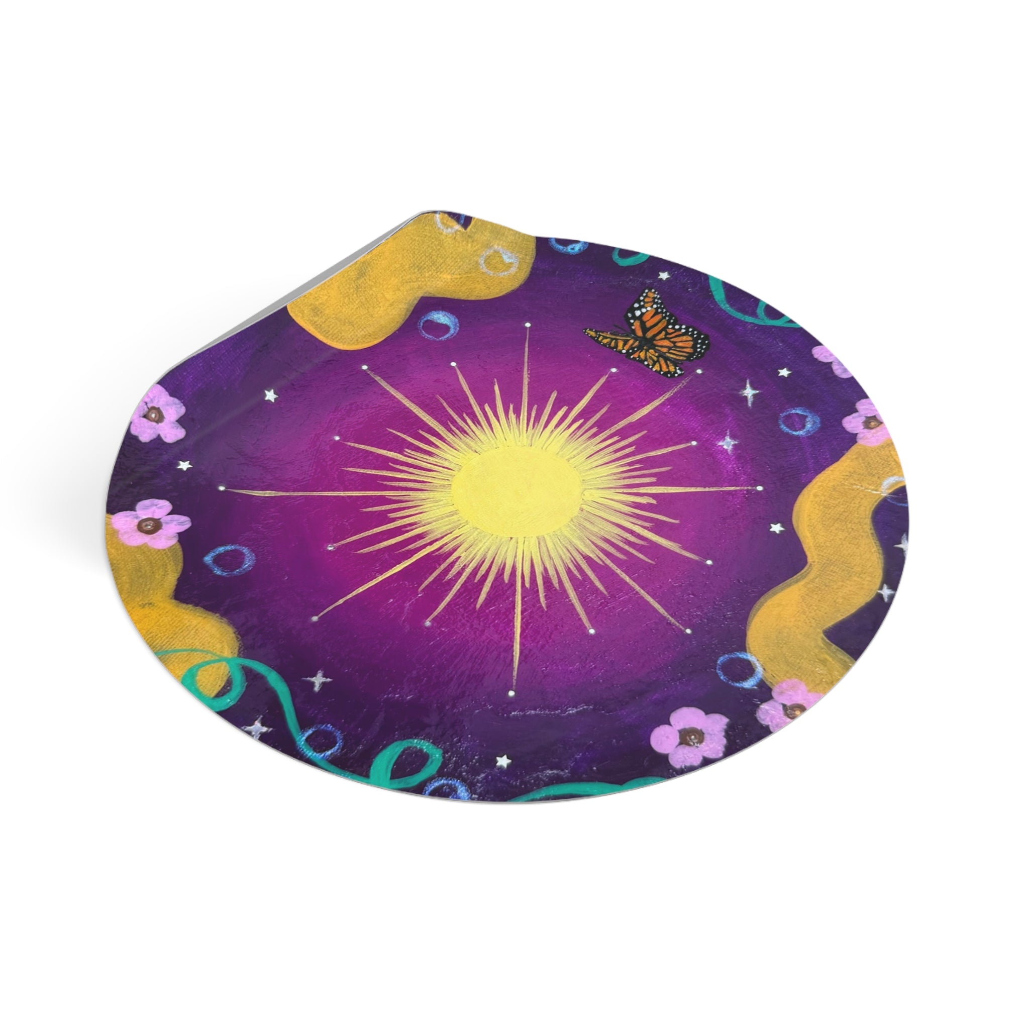 Purple Sun Round Vinyl Sticker — Purple Cosmic Butterfly Design