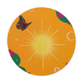 Orange Sun Round Vinyl Sticker — Bright Orange Floral Butterfly Design