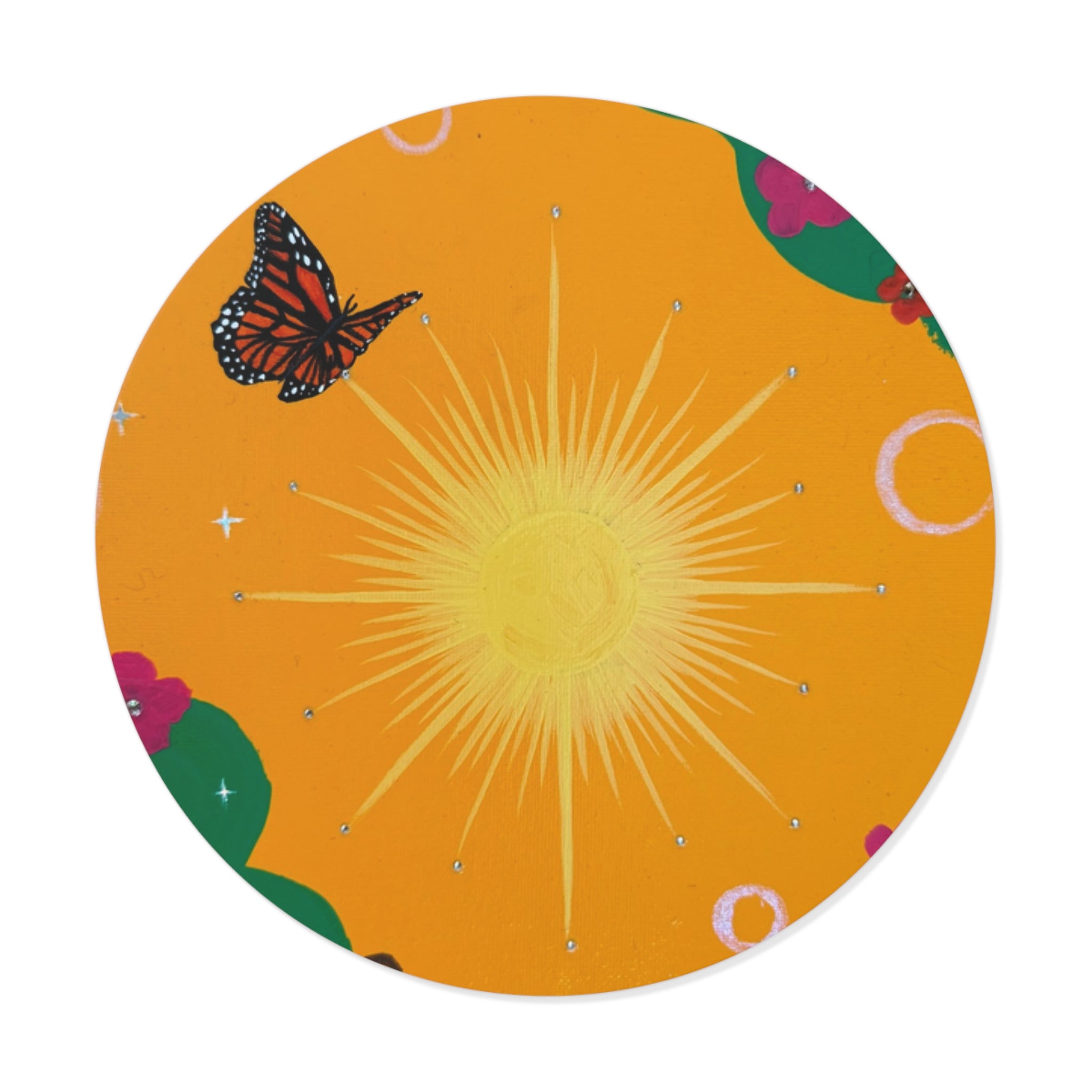 Orange Sun Round Vinyl Sticker — Bright Orange Floral Butterfly Design
