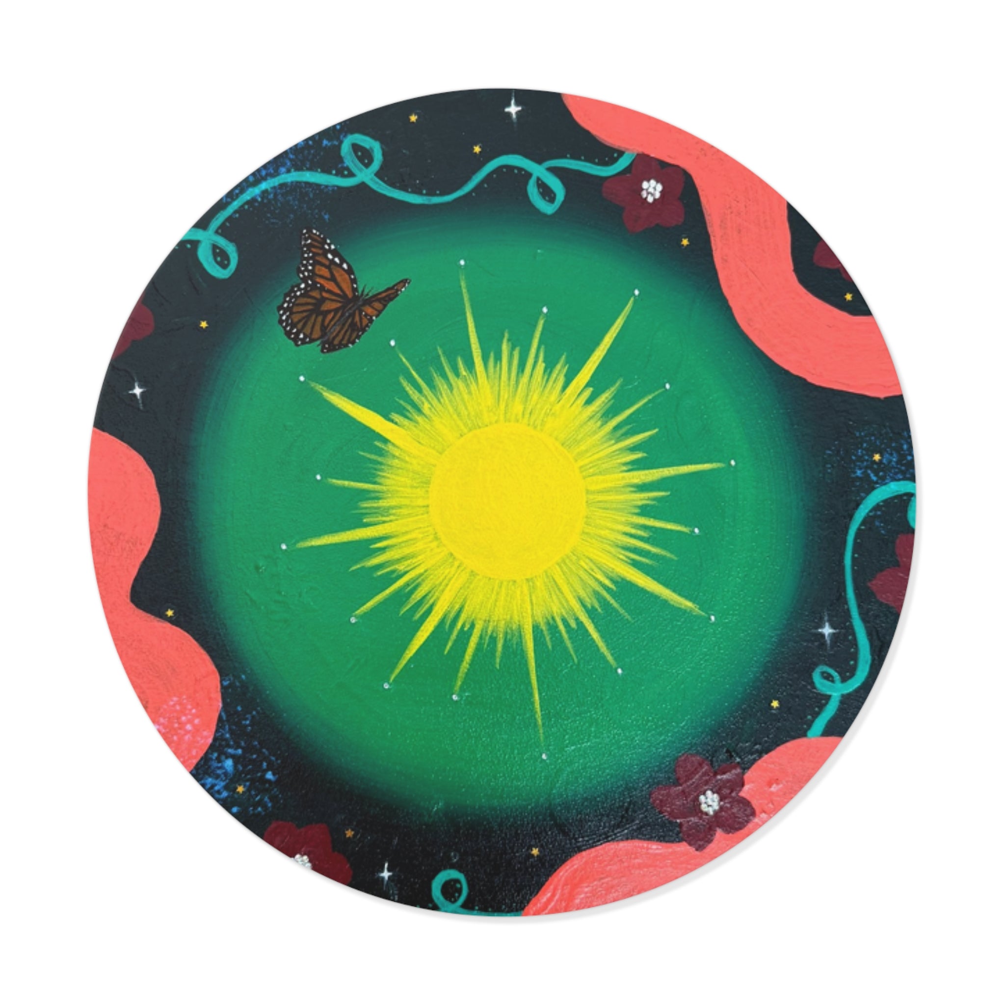 Sunburst Garden Round Vinyl Sticker — Bright Sun, Butterfly & Floral Accent