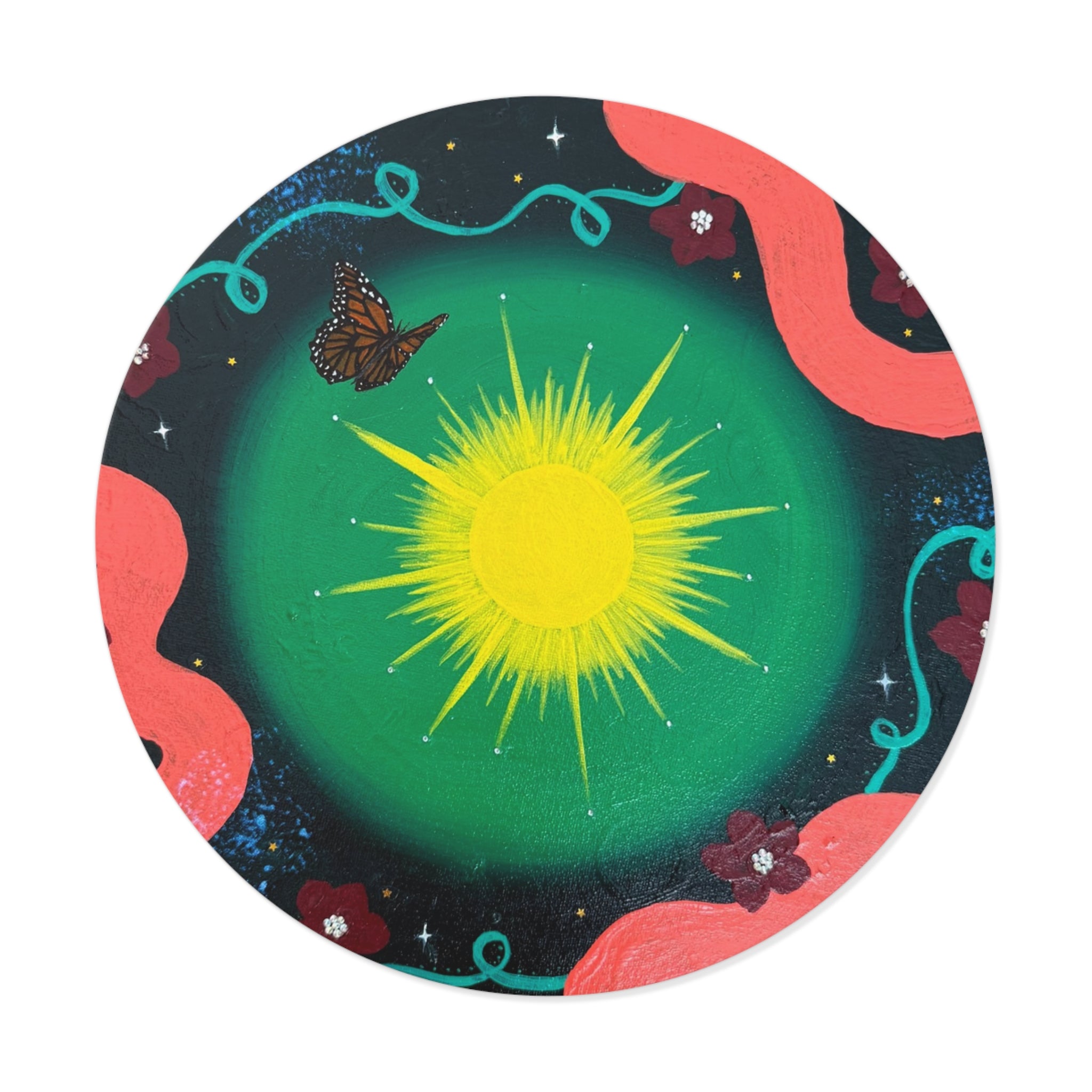 Sunburst Garden Round Vinyl Sticker — Bright Sun, Butterfly & Floral Accent