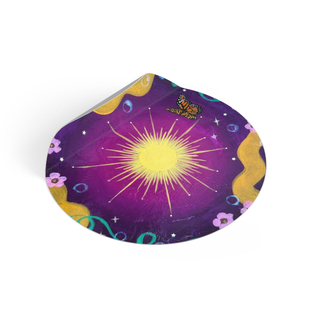 Purple Sun Round Vinyl Sticker — Purple Cosmic Butterfly Design
