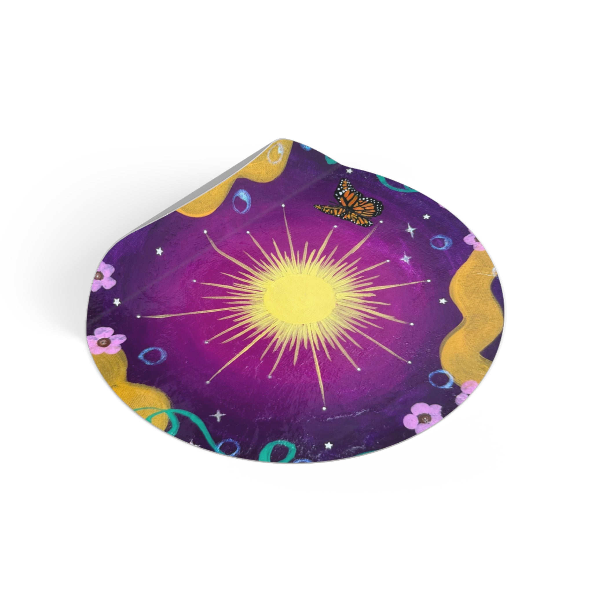 Purple Sun Round Vinyl Sticker — Purple Cosmic Butterfly Design