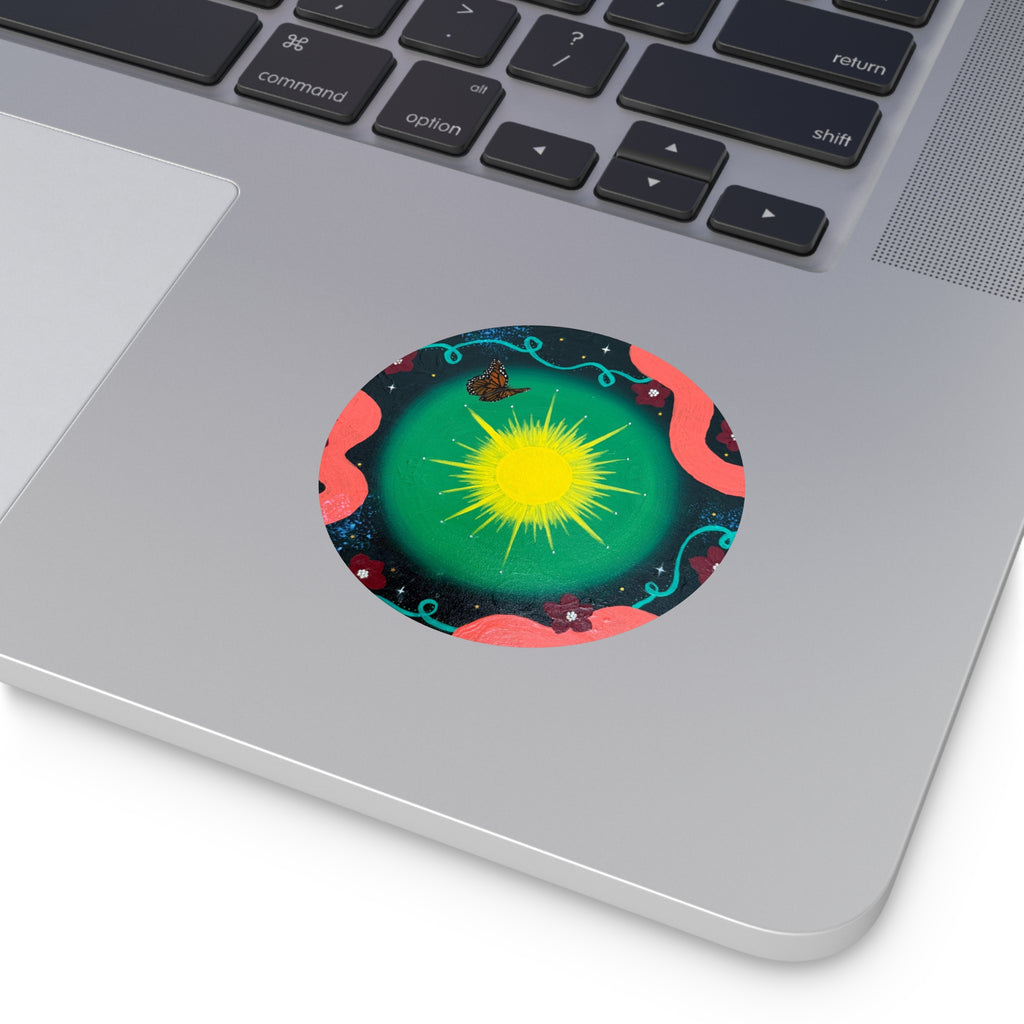 Sunburst Garden Round Vinyl Sticker — Bright Sun, Butterfly & Floral Accent
