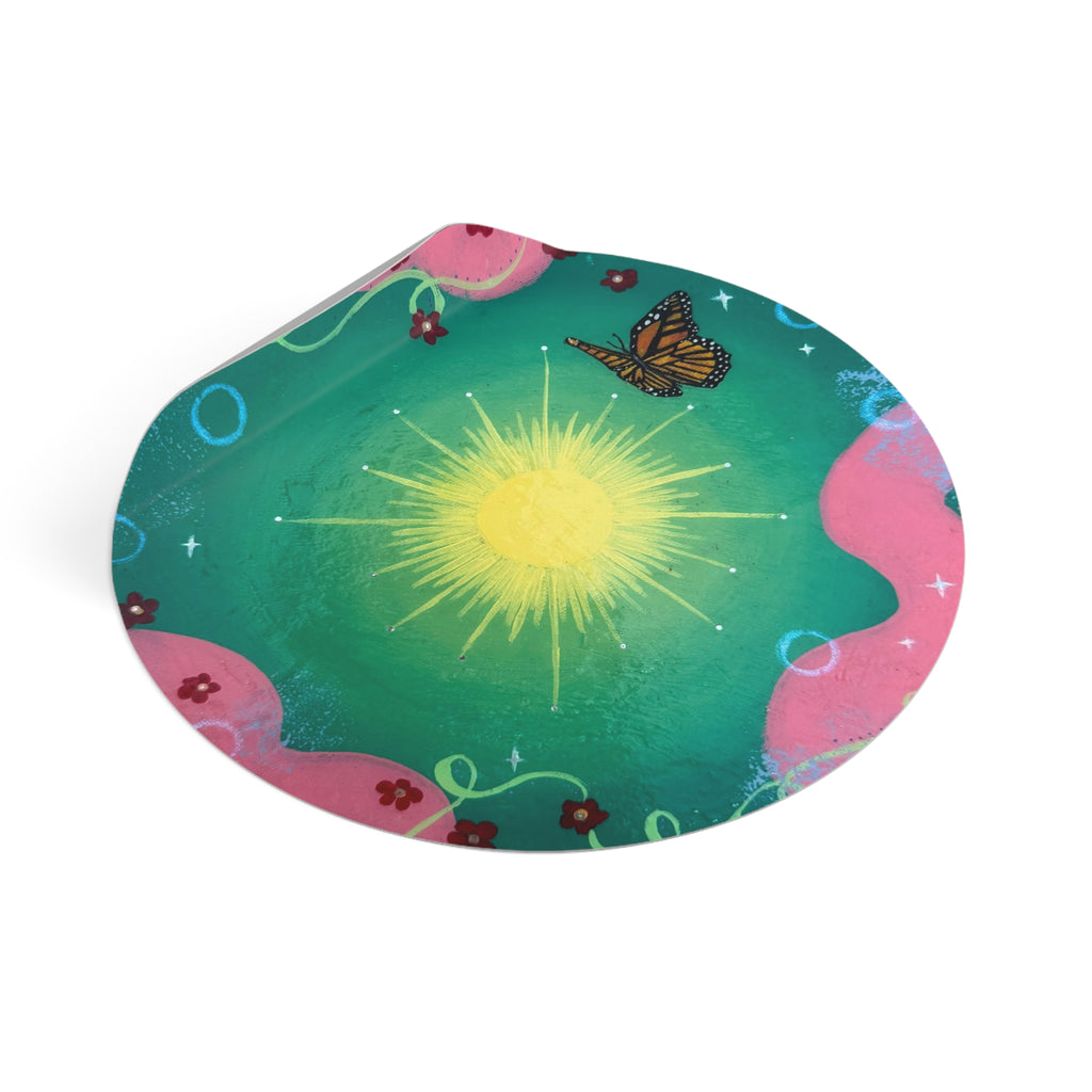 Light Green Sun Round Vinyl Sticker — Floral, Whimsical Nature Design