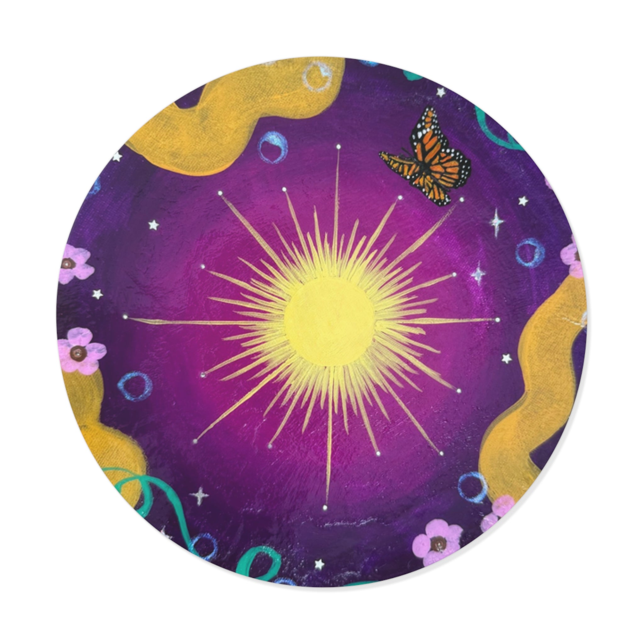 Purple Sun Round Vinyl Sticker — Purple Cosmic Butterfly Design