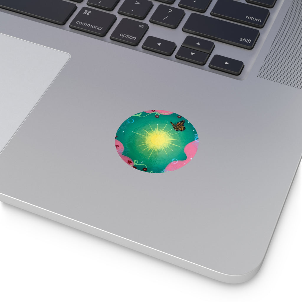 Light Green Sun Round Vinyl Sticker — Floral, Whimsical Nature Design