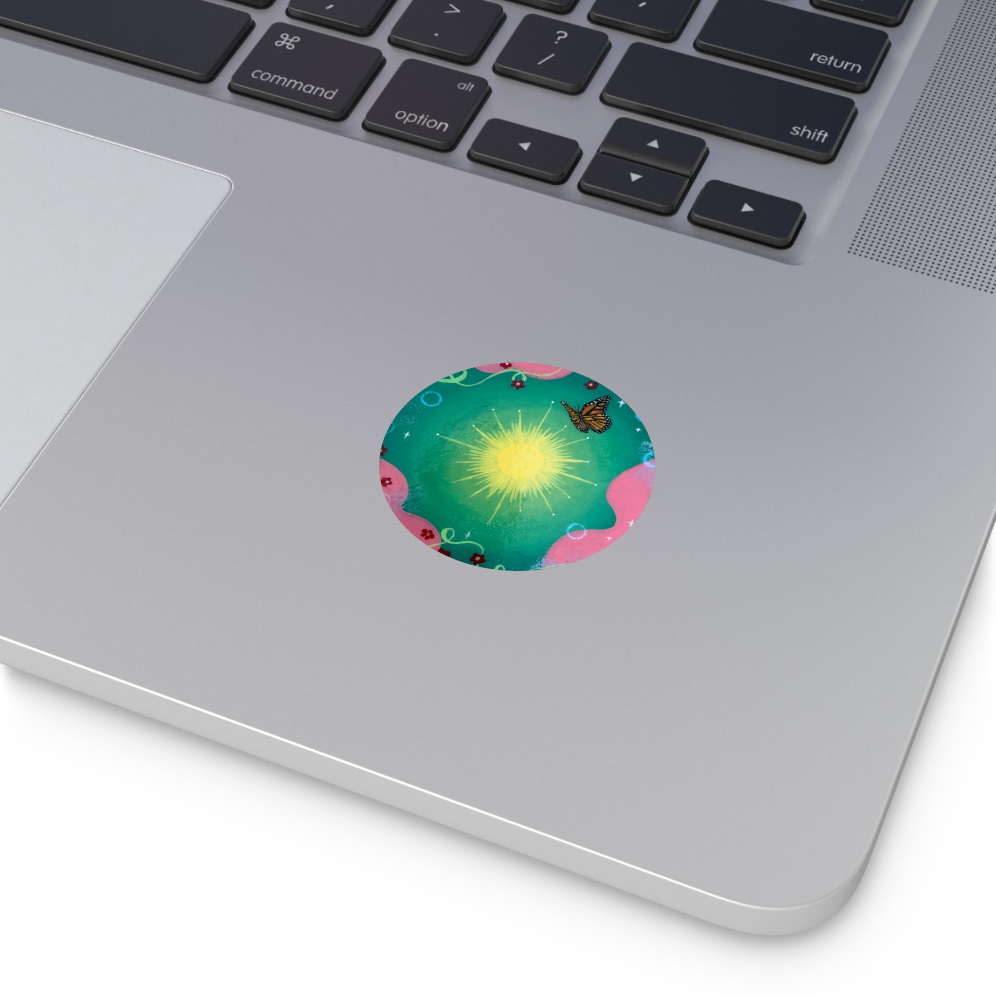 Light Green Sun Round Vinyl Sticker — Floral, Whimsical Nature Design