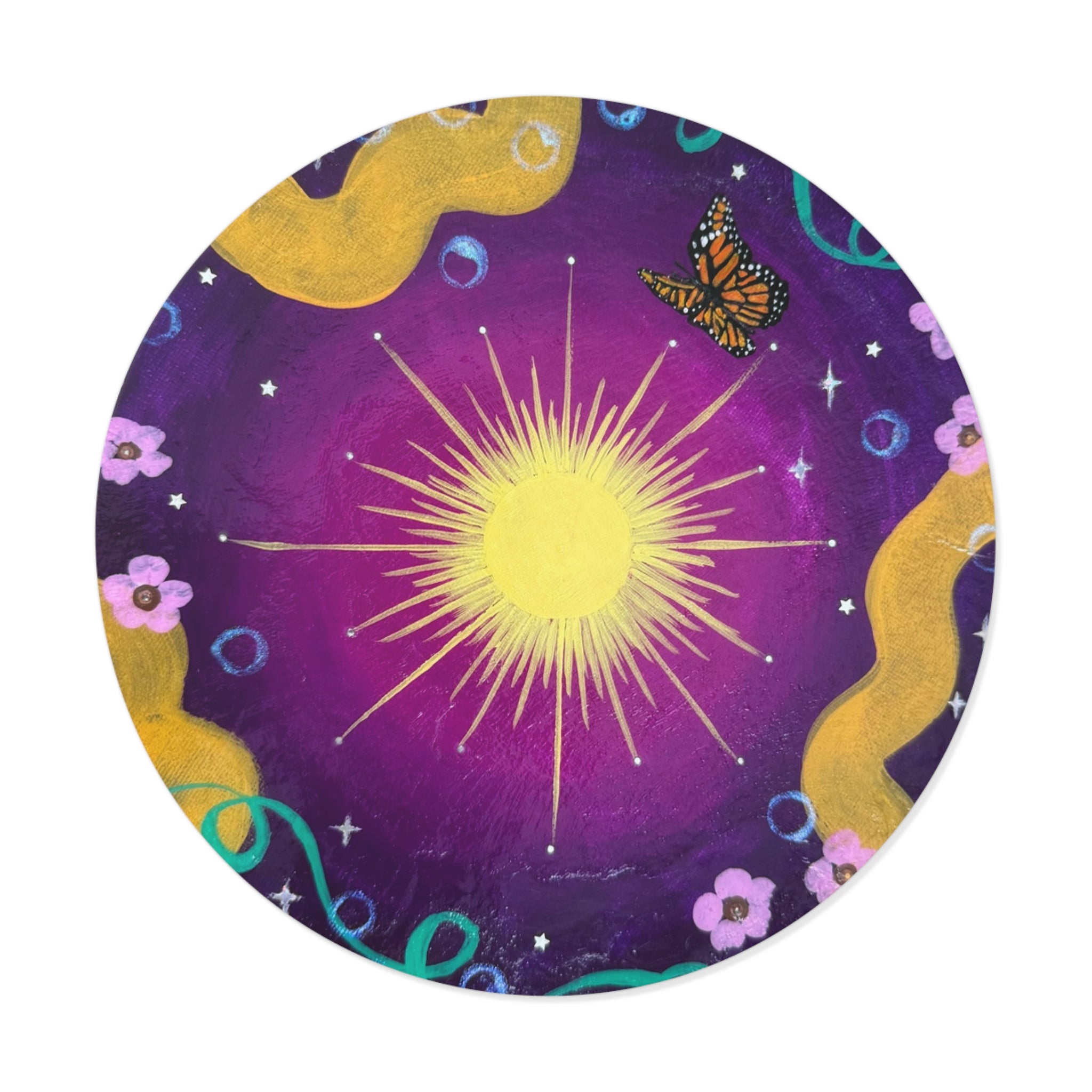 Purple Sun Round Vinyl Sticker — Purple Cosmic Butterfly Design
