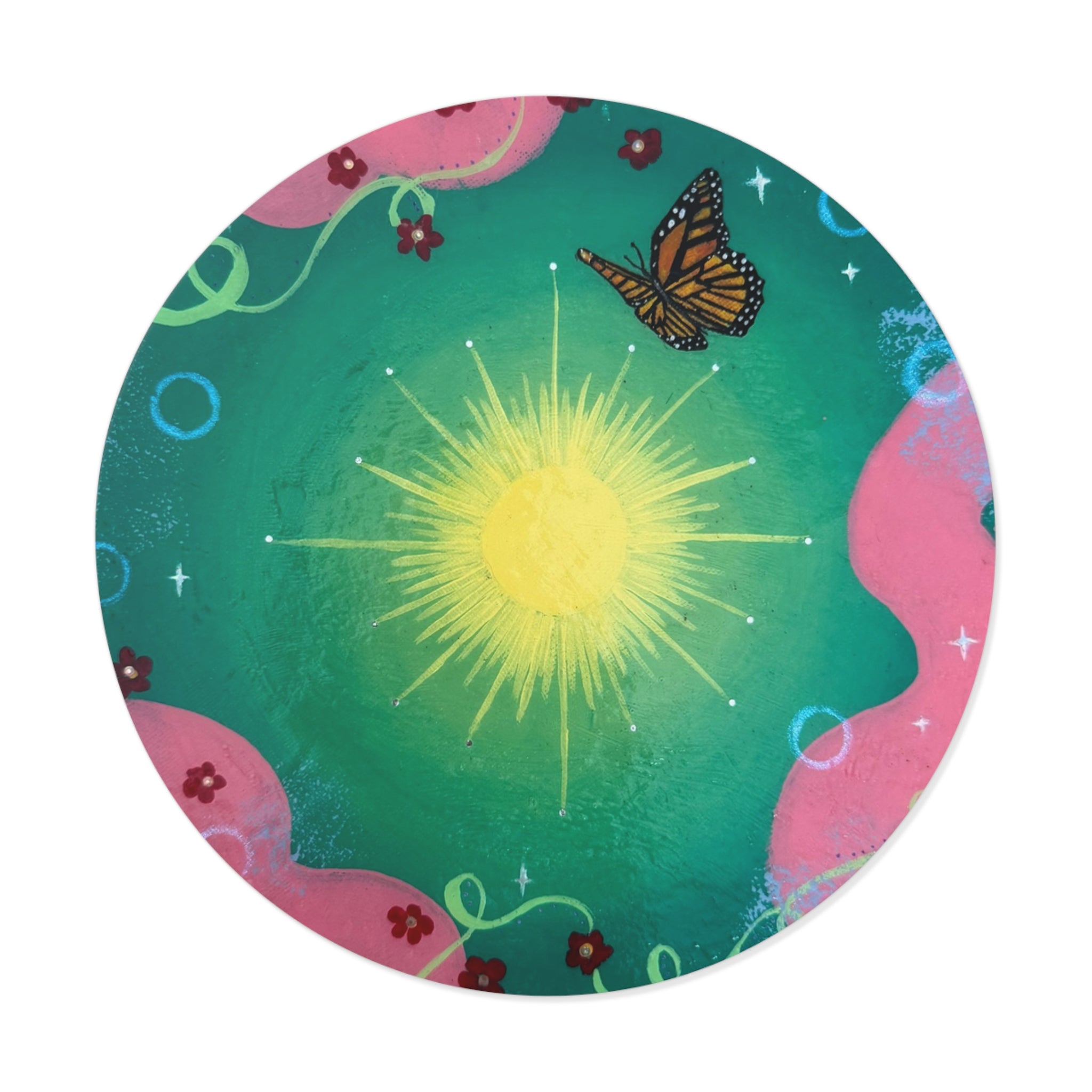 Light Green Sun Round Vinyl Sticker — Floral, Whimsical Nature Design