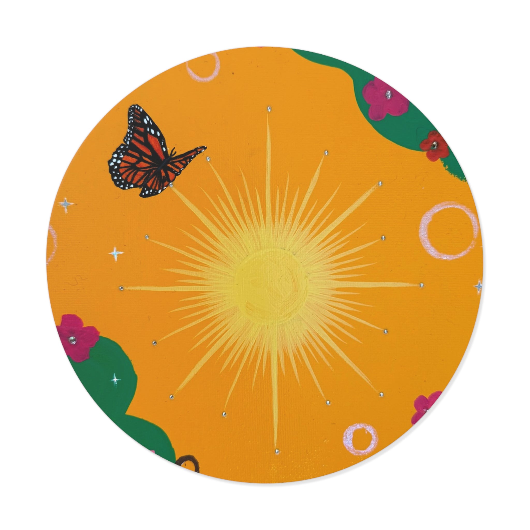 Orange Sun Round Vinyl Sticker — Bright Orange Floral Butterfly Design