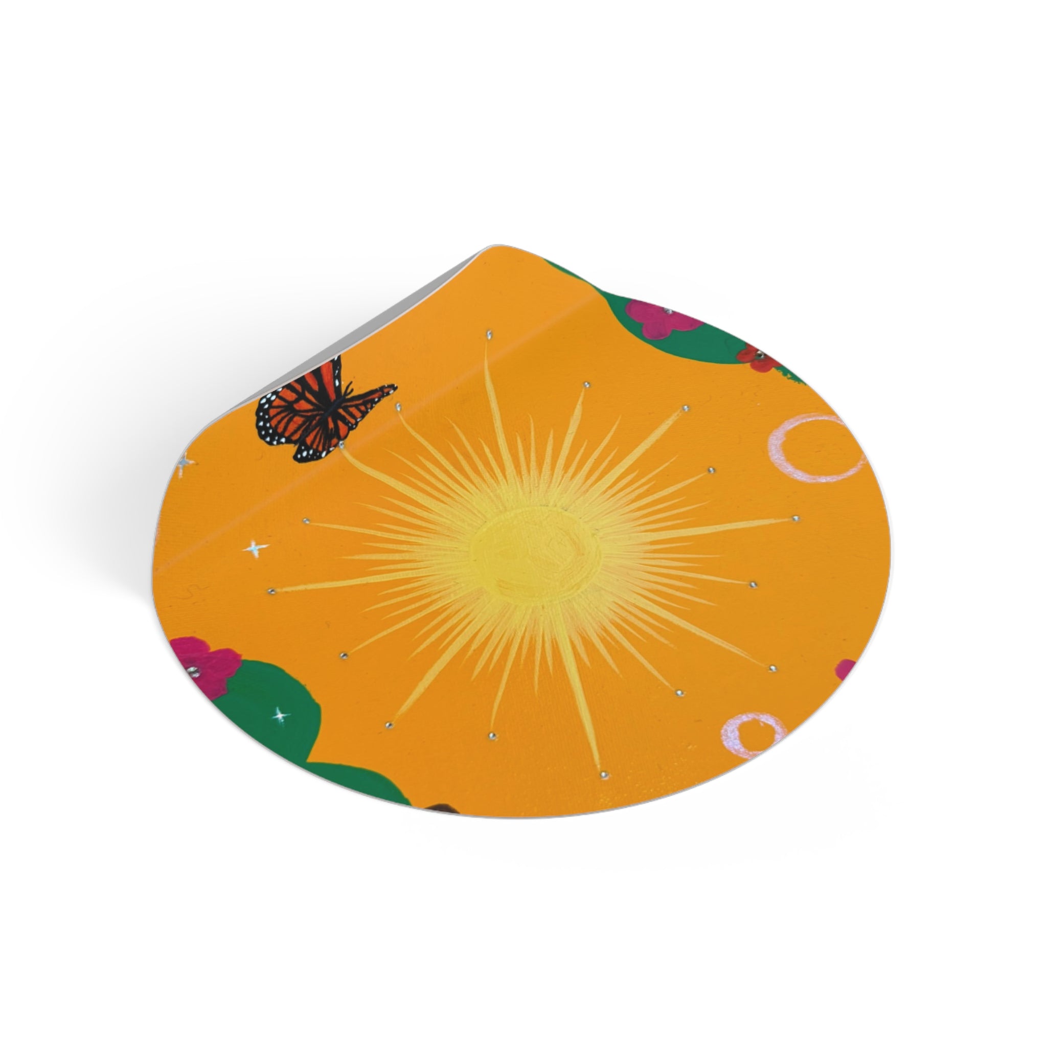 Orange Sun Round Vinyl Sticker — Bright Orange Floral Butterfly Design