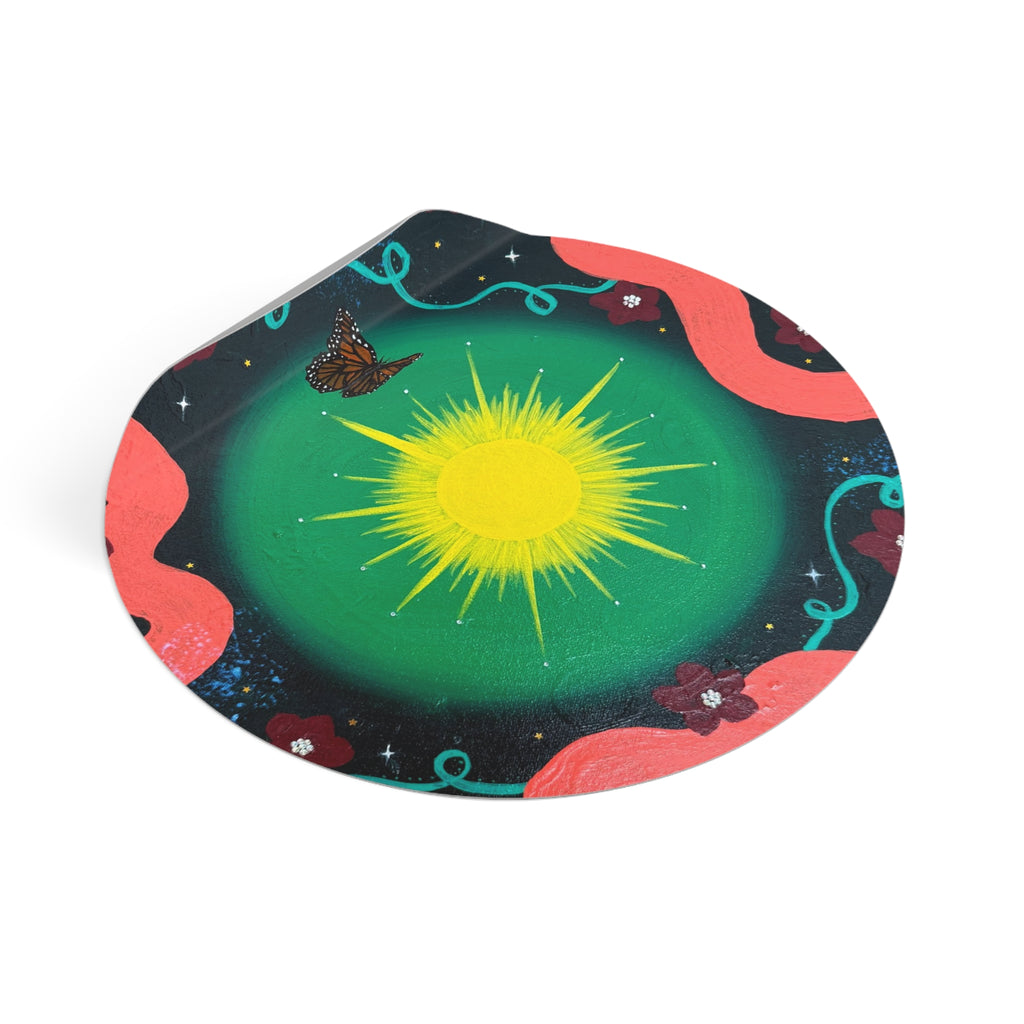 Sunburst Garden Round Vinyl Sticker — Bright Sun, Butterfly & Floral Accent