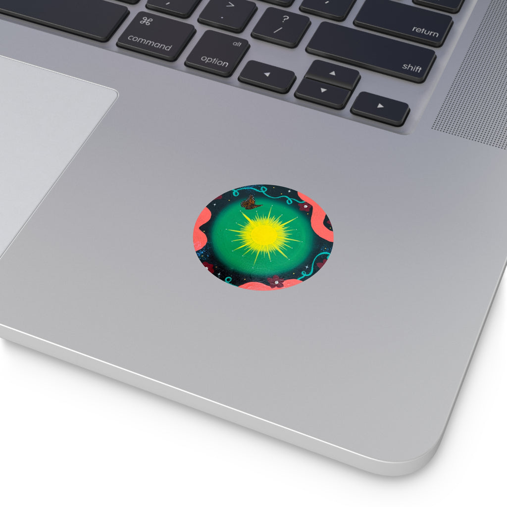 Sunburst Garden Round Vinyl Sticker — Bright Sun, Butterfly & Floral Accent
