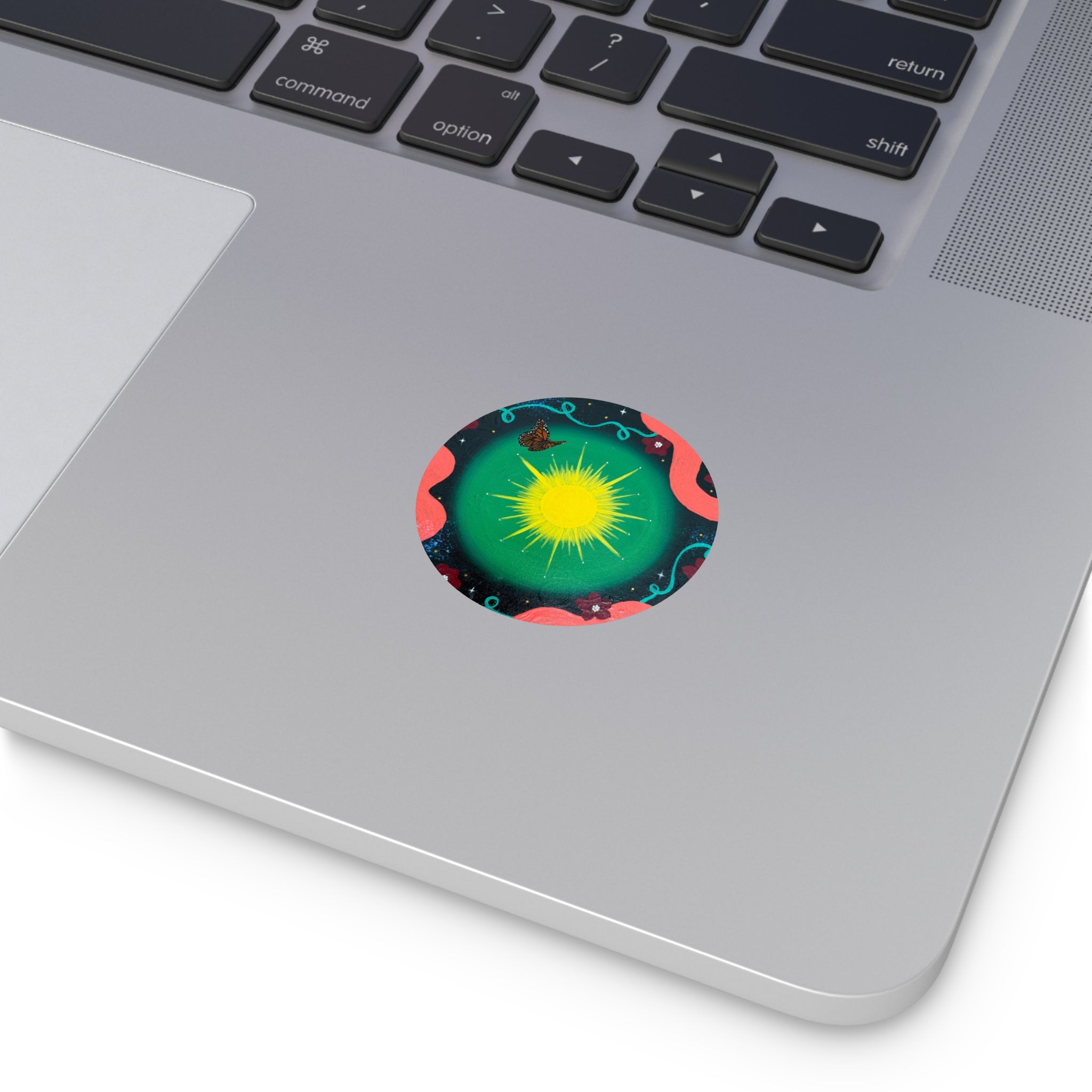 Sunburst Garden Round Vinyl Sticker — Bright Sun, Butterfly & Floral Accent