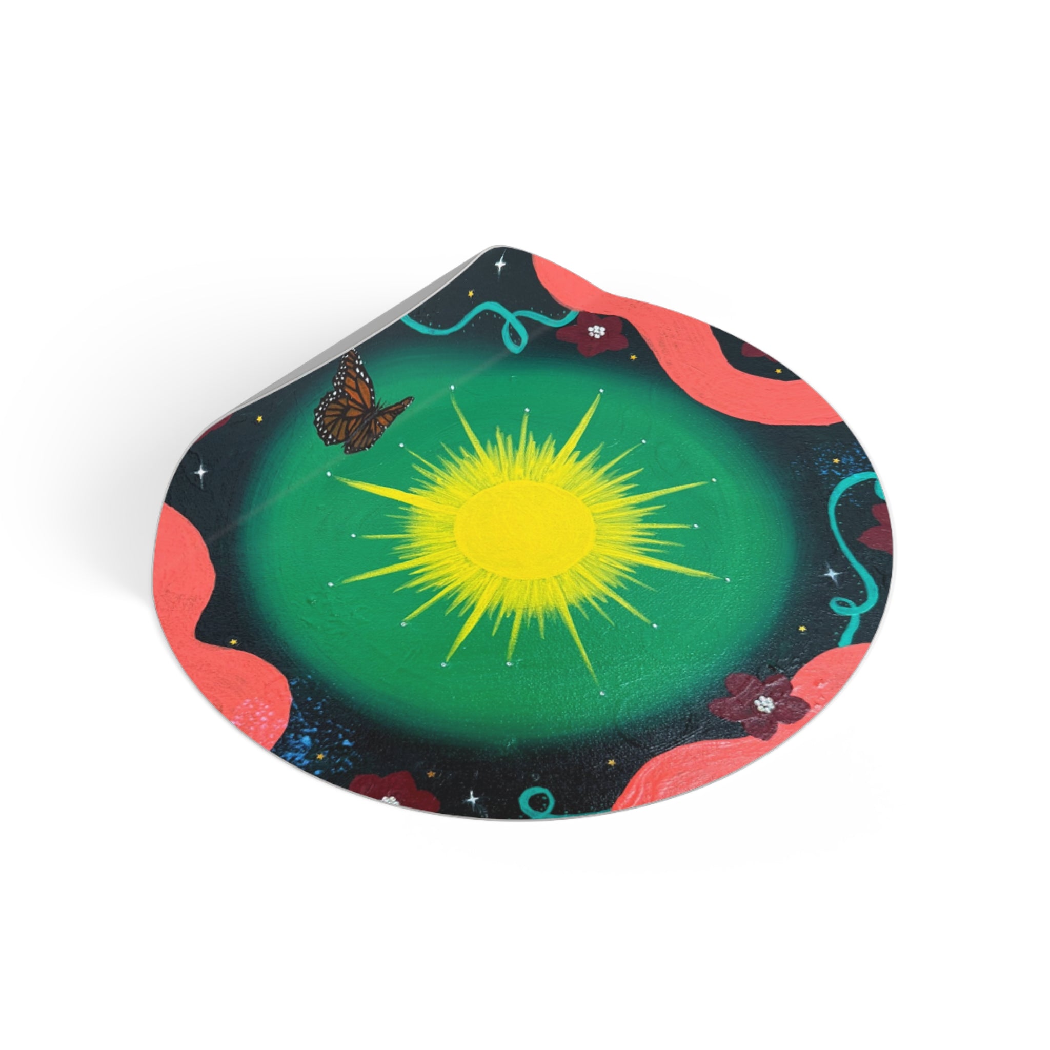 Sunburst Garden Round Vinyl Sticker — Bright Sun, Butterfly & Floral Accent
