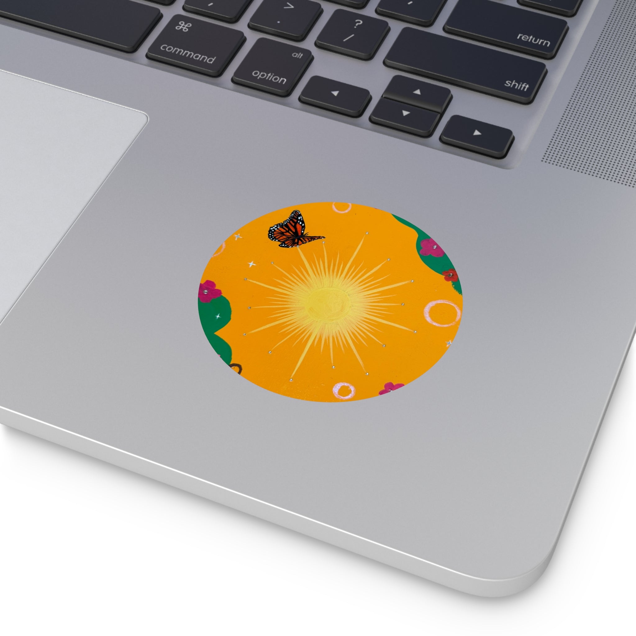 Orange Sun Round Vinyl Sticker — Bright Orange Floral Butterfly Design