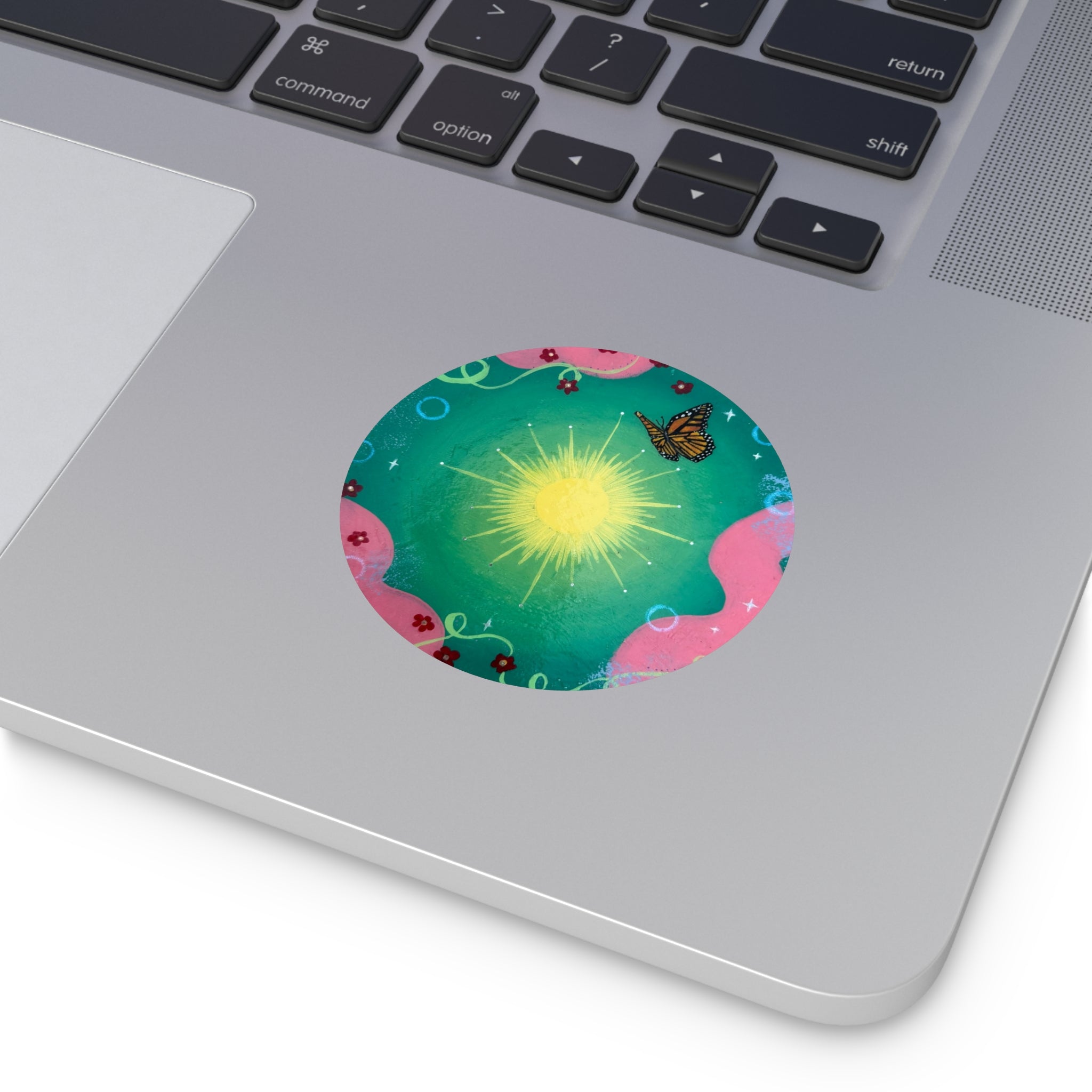 Light Green Sun Round Vinyl Sticker — Floral, Whimsical Nature Design