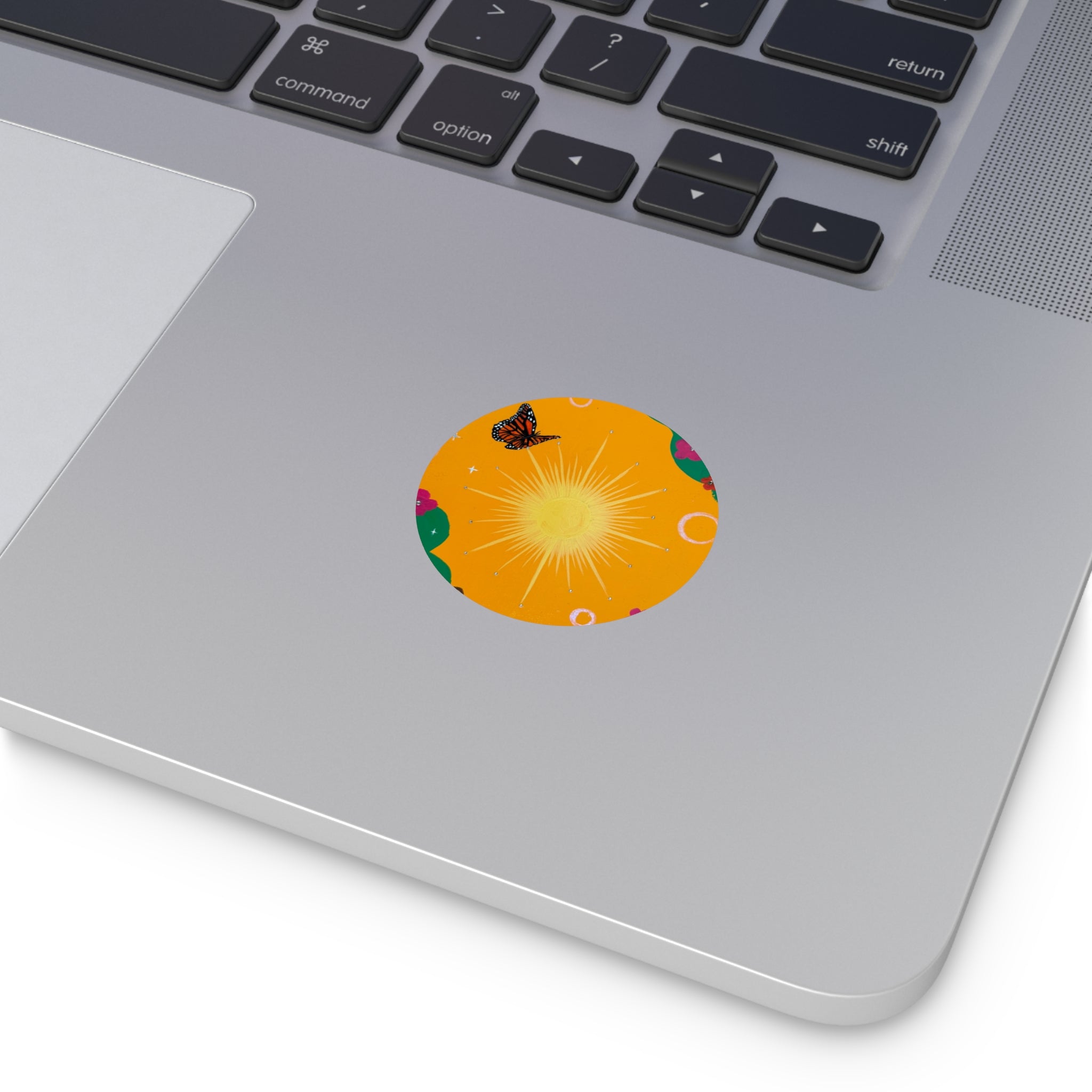 Orange Sun Round Vinyl Sticker — Bright Orange Floral Butterfly Design