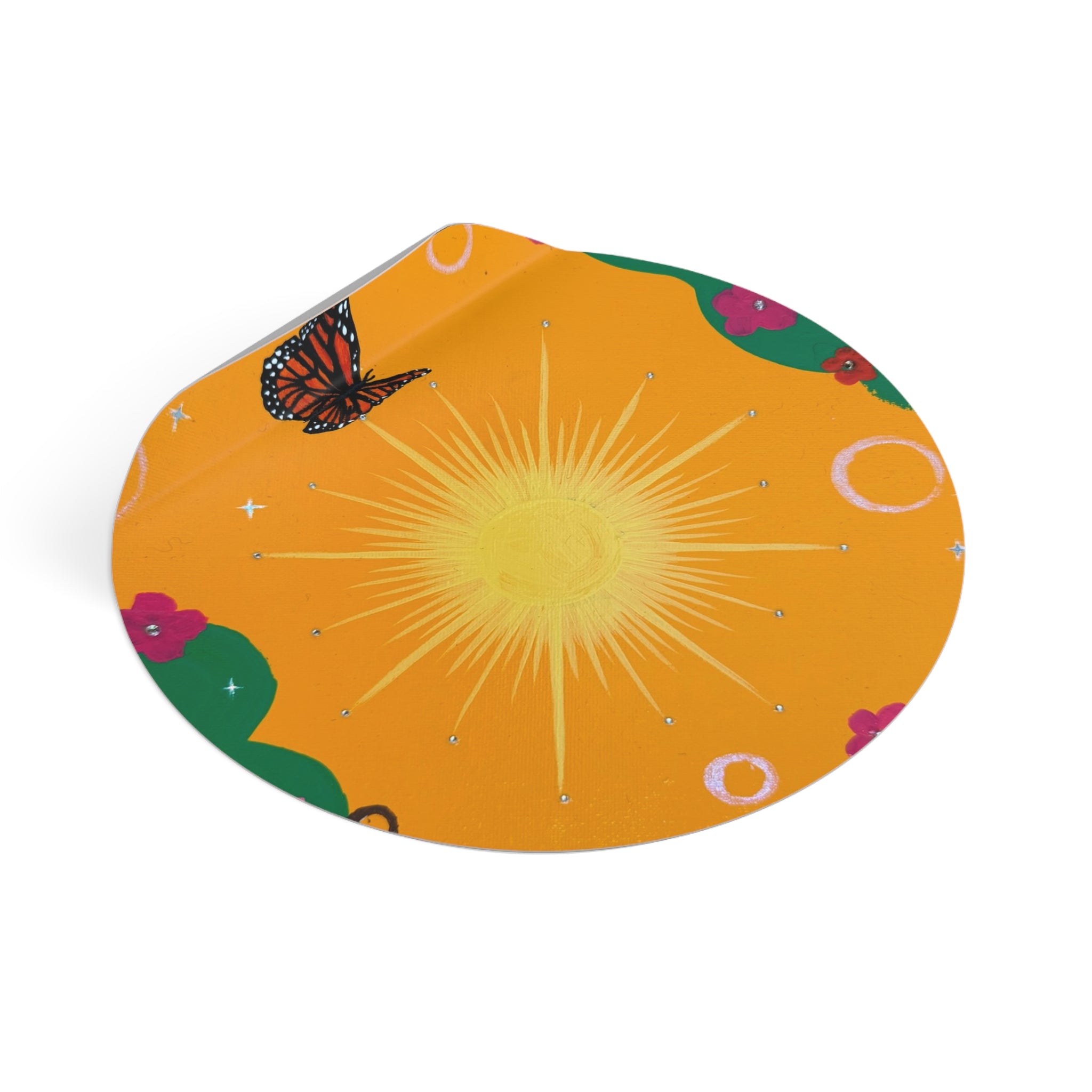 Orange Sun Round Vinyl Sticker — Bright Orange Floral Butterfly Design