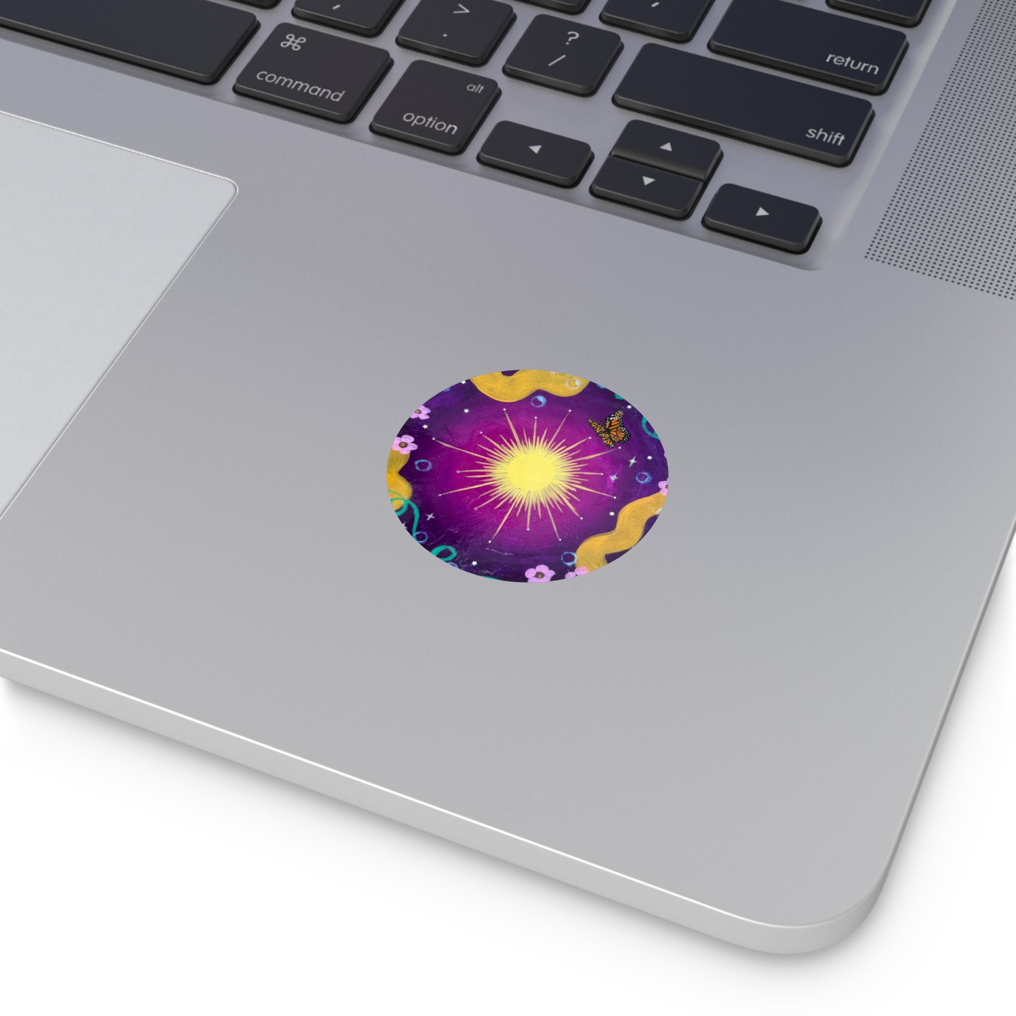 Purple Sun Round Vinyl Sticker — Purple Cosmic Butterfly Design