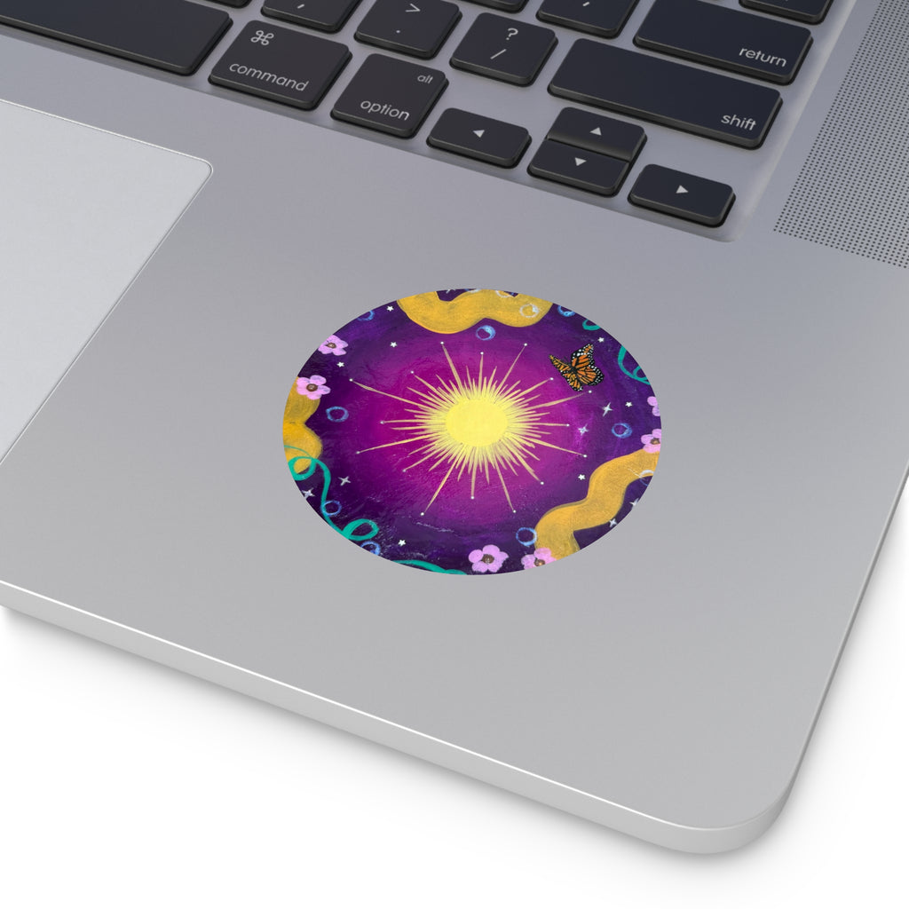 Purple Sun Round Vinyl Sticker — Purple Cosmic Butterfly Design